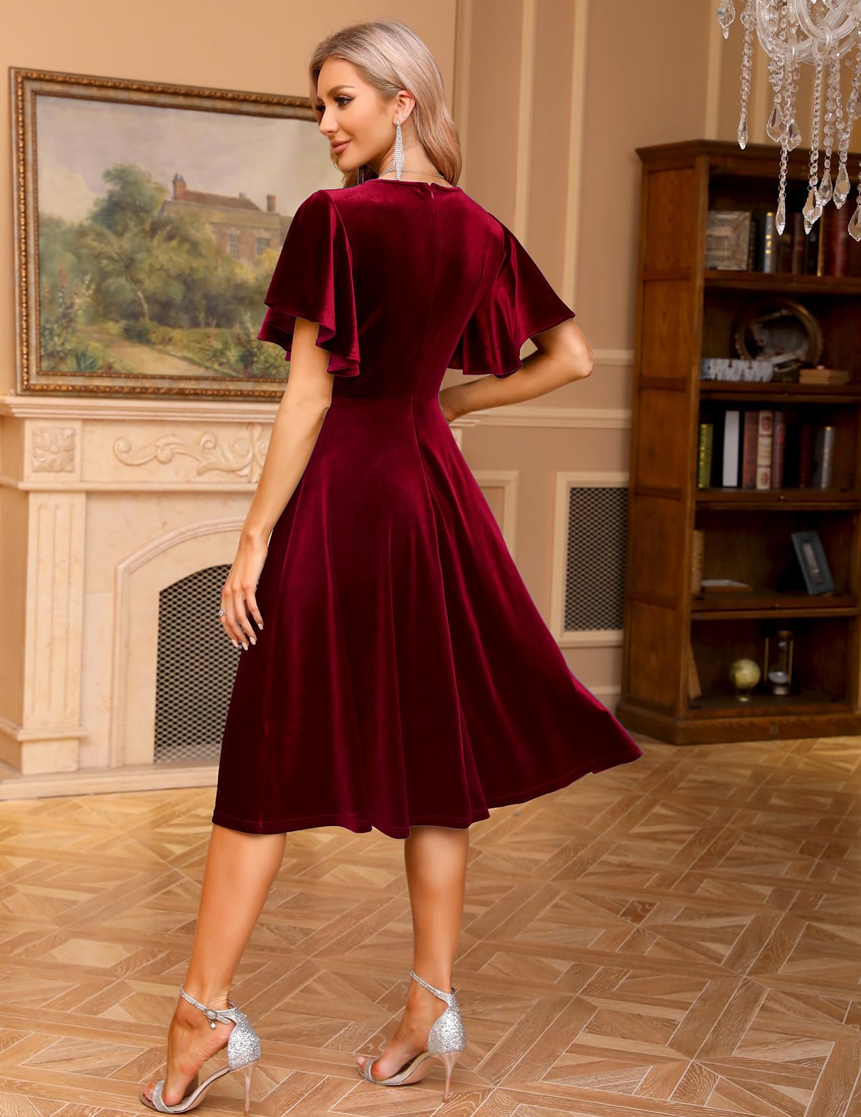 Bridesmay Ruffle Sleeve Semi Formal Tea Party Velvet Dress A-Line Swing Vintage Bridesmaid Cocktail Dress Burgundy XL