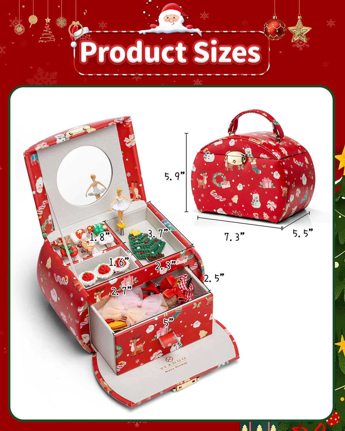 Vlando Kids Musical Jewelry Box for Girls with Drawer, Music Box with Ballerina and Stickers for Birthday Bedroom Decor, Christmas Gifts for Girls Kids - Christmas Red