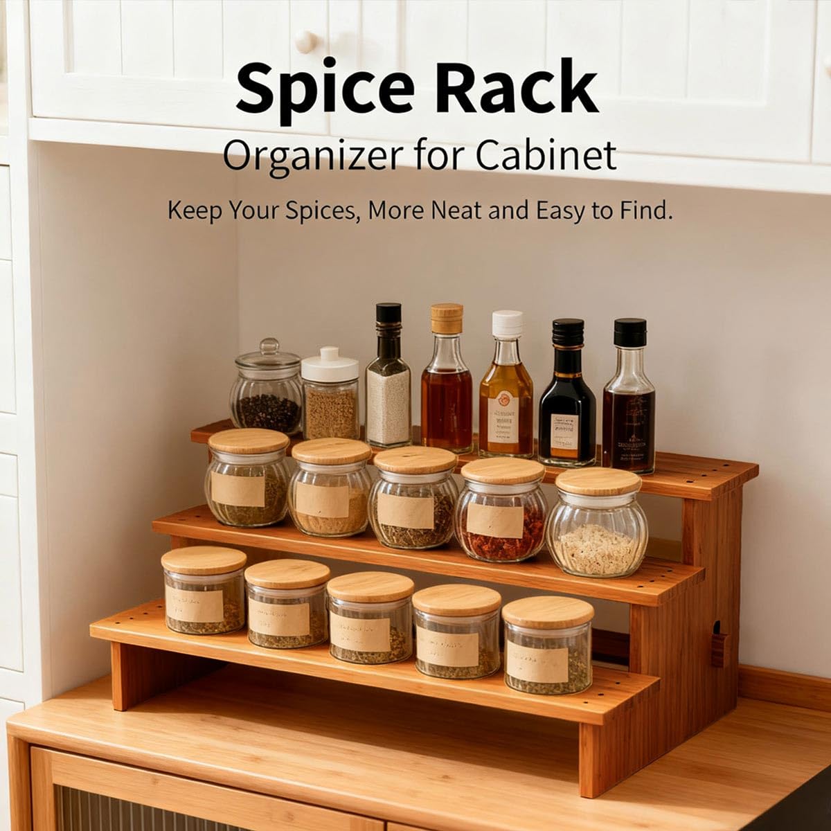JinDoWin Cabinet Spice Organizer, Spice Organization for Cabinet, 3 Tier Spice Rack Organizer for Cabinet, Seasoning Organizer & Seasoning Rack, Kitchen Cabinet Organizer (1, Dark Bamboo)