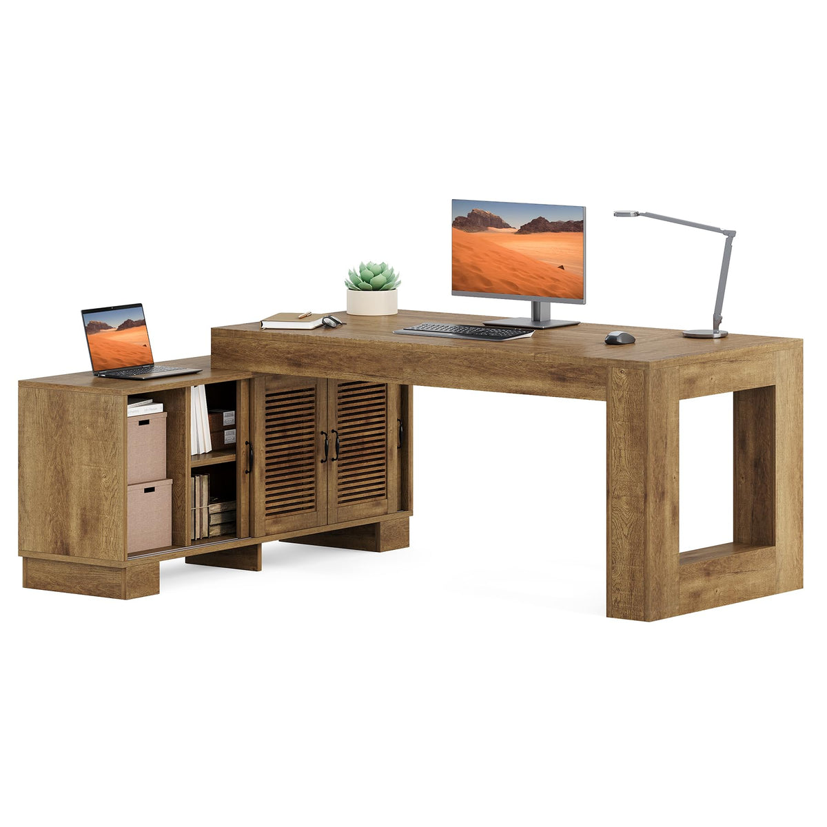 LITTLE TREE L Shaped Executive Desk, Large 63" Executive Desk with File Cabinet, Modern L Shaped Desk, Corner Computer Desk for Home Office & Business Furniture Workstation, Brown