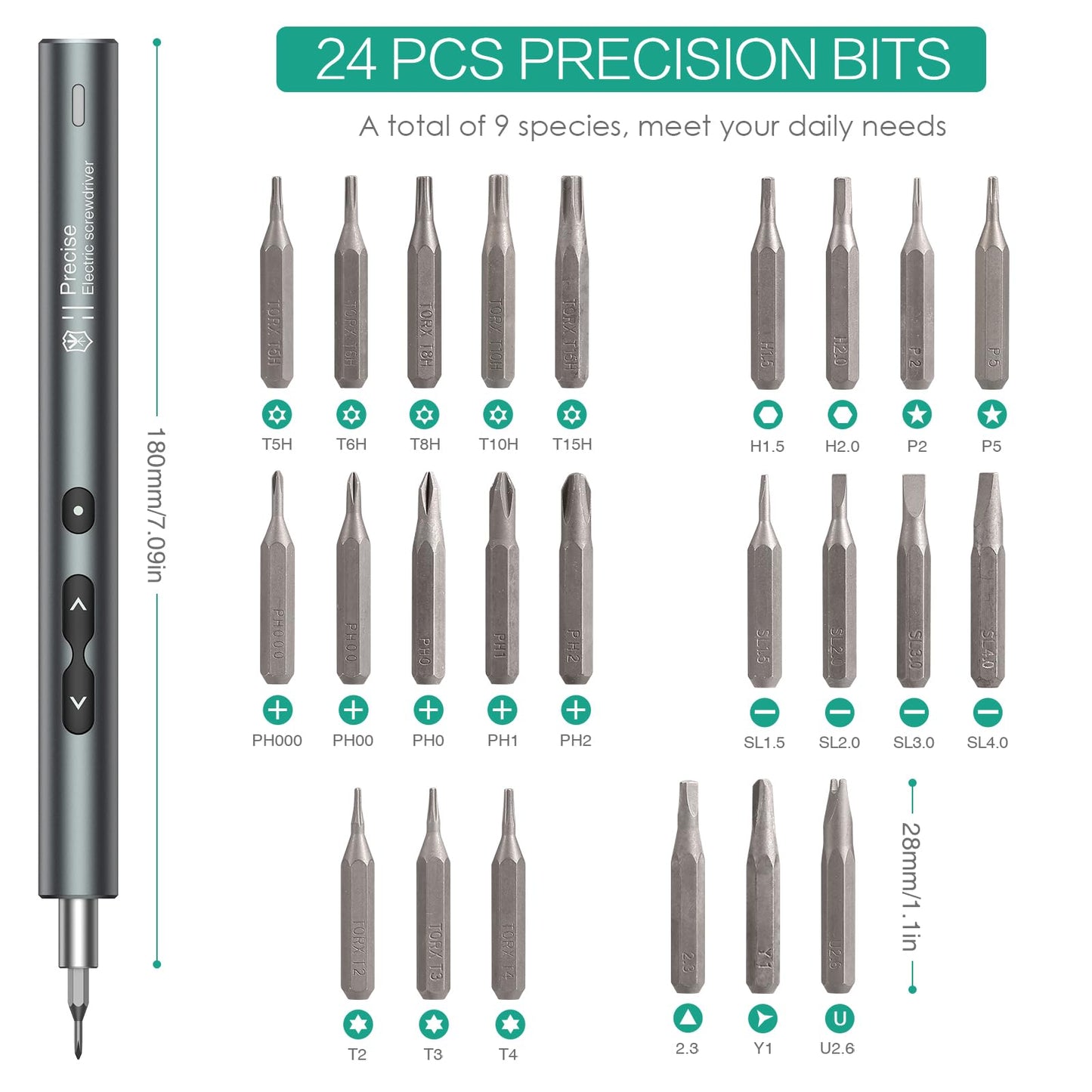 Mini Electric Screwdriver, ORIA Cordless Precision Screwdriver Set, 28 in 1 Rechargeable Portable Repair Tools Kit with 24 Bits, 3 LED Lights, Magnetizer for Phones, Watches, Toys, Computers, etc.