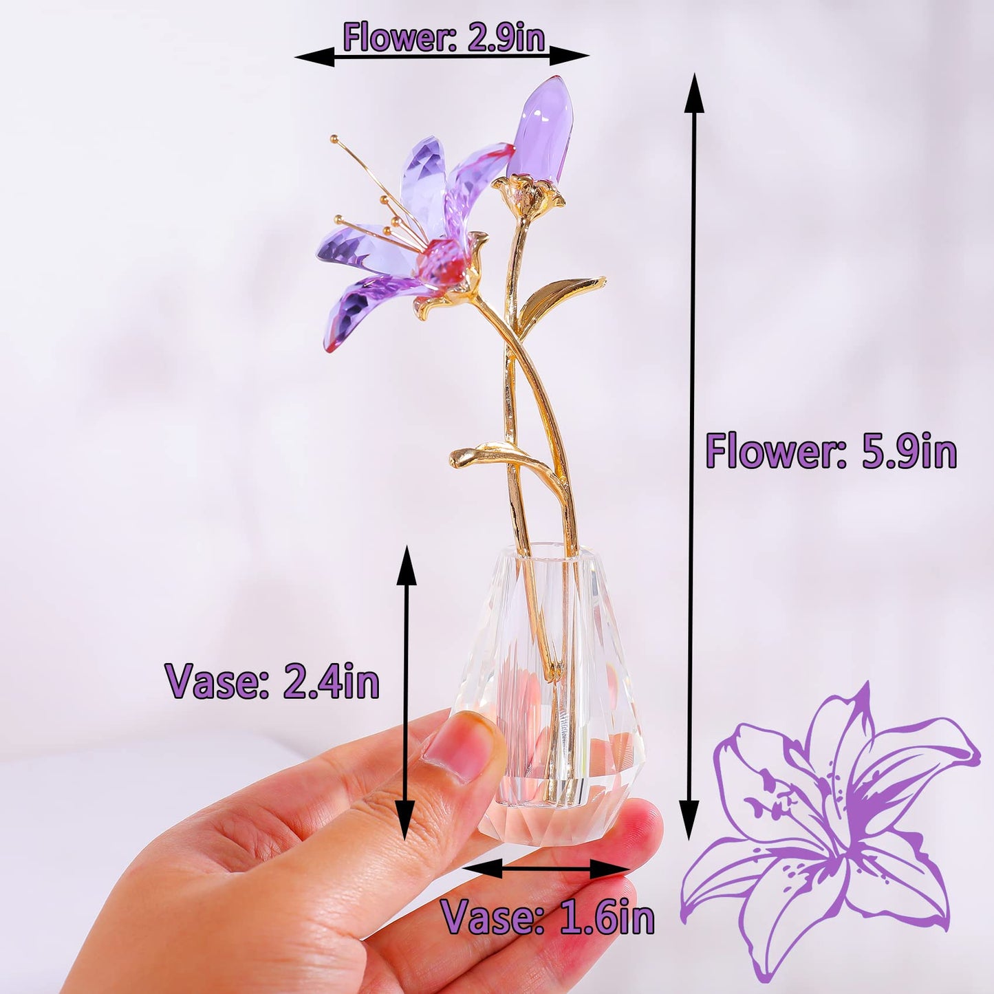 Crystal Tiger Lily Flowers with Crystal Vase, Purple