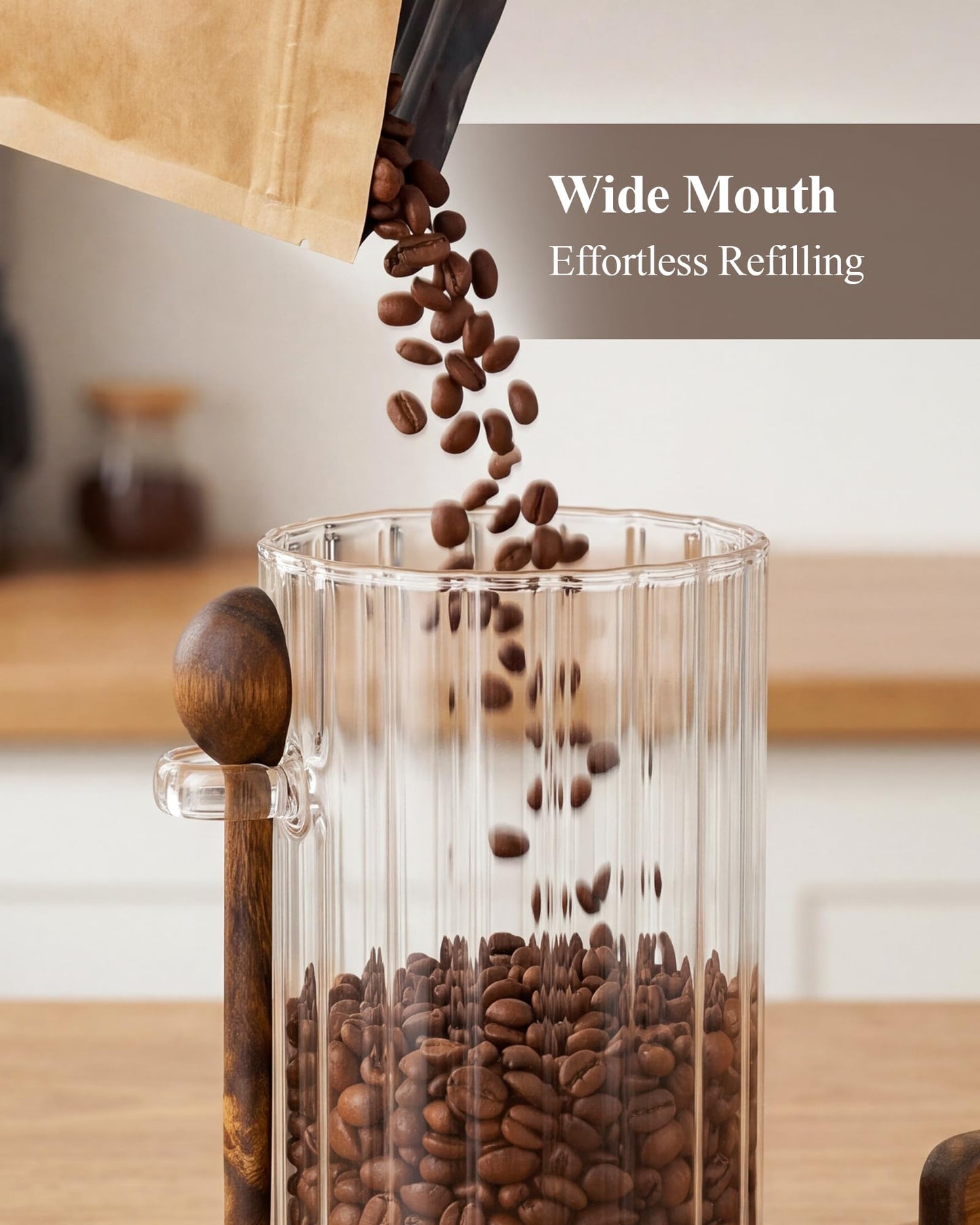 NiHome Ribbed Glass Coffee Container with Wooden Lid & Spoon, 27 oz Airtight Storage Jar for Coffee Beans, Tea, Sugar & Salt, Wide Mouth Food Canister with Ergonomic Handle