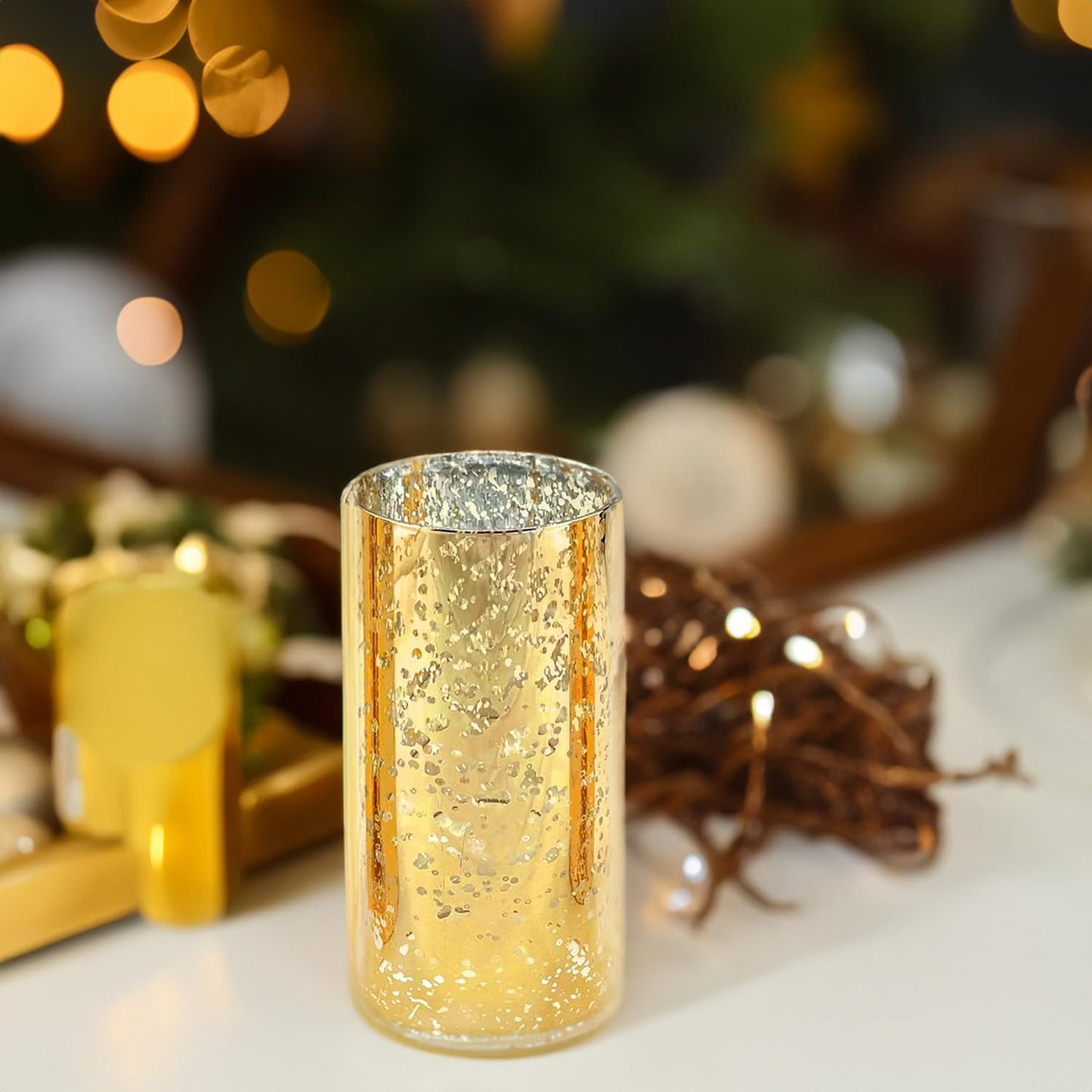 WGVI Hurricane Candle Holder Sleeve, W: 3", Ht: 6", Gold Speckled Glass Cylinder Open Both Ends, Chimney Tube Shade, 2 Pieces