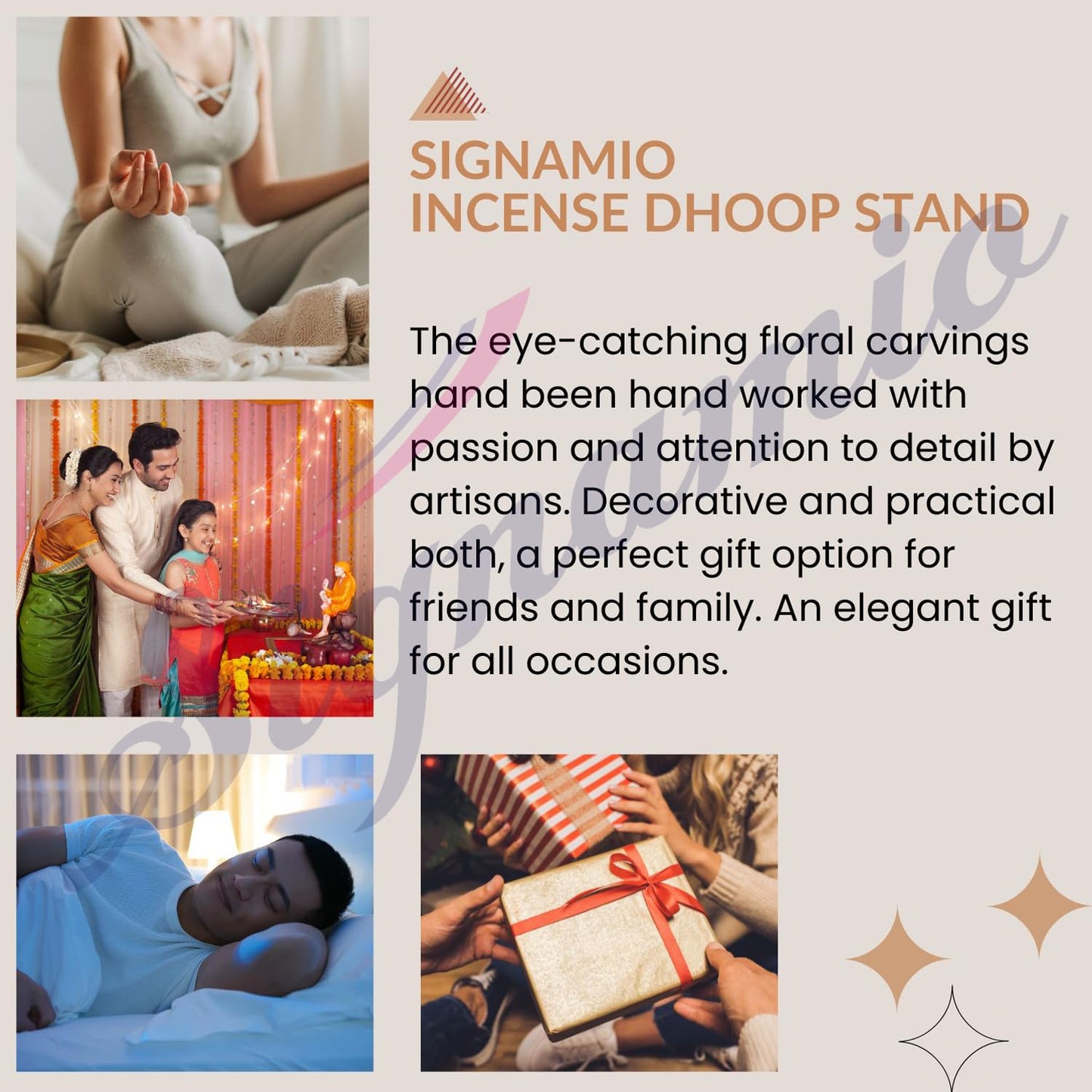 SIGNAMIO® 3 Pcs Premium Wooden Sambrani Dhoop & Incense Stick Agarbatti Holder Set: Agarbatti Stand with Ash Catcher, Pooja Room Decoration Essential, Pooja Thali Accessories, and Mandir Decor Items