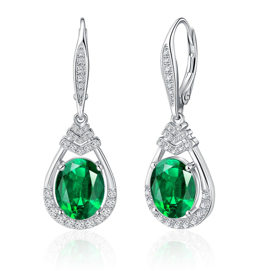 Green Emerald Dangle Earrings May Birthstone Sterling Silver Teardrop Leverback Drop Earring for Women Wedding Jewelry for the Bride Oval Cut CZ Earrings Anniversary Birthday Gifts for Wife Mom