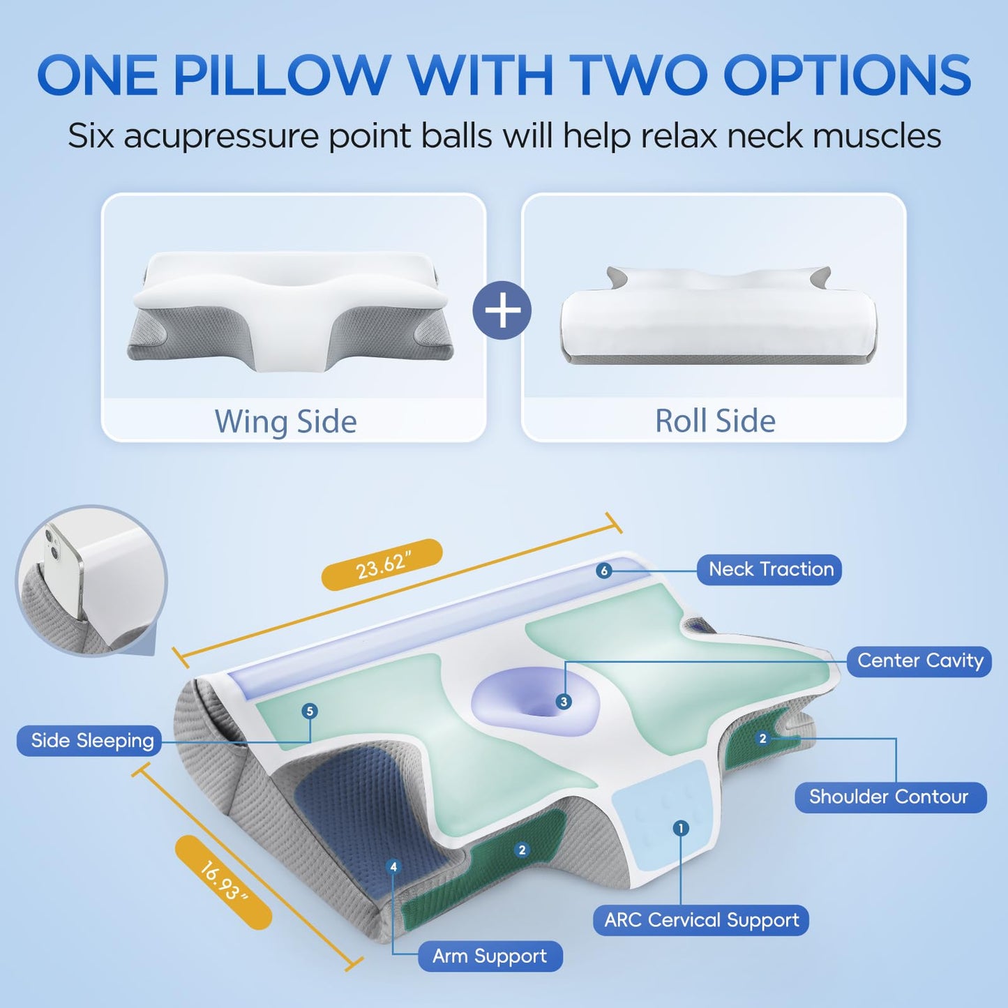 Effective Pain Relief Cervical Neck Pillow for Sleeping, Memory Foam Pillows for Neck Support, Odorless Contour Side Pillow, Ergonomic Bed Pillow for Back Stomach Sleeper (Grey and White)