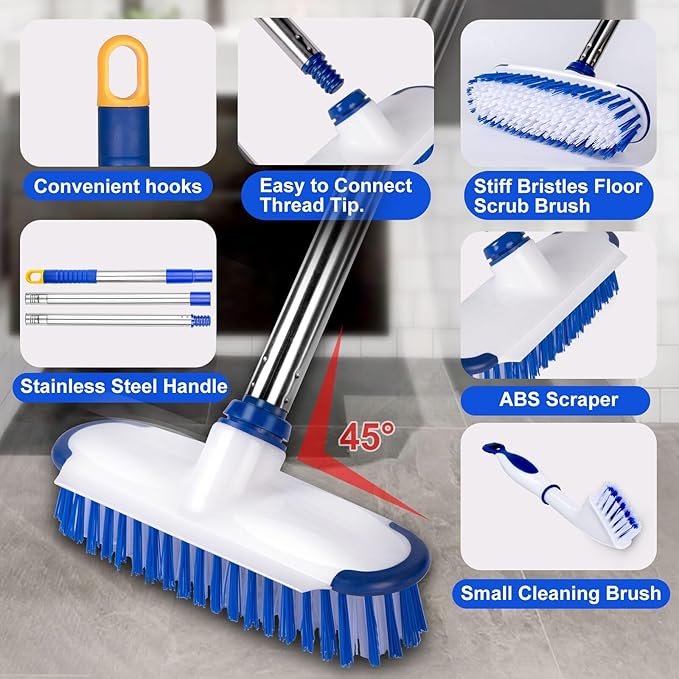 ITTAHO Floor Scrub Brush with Long Handle, 2 in 1 Deck Scrub Brush, Stiff