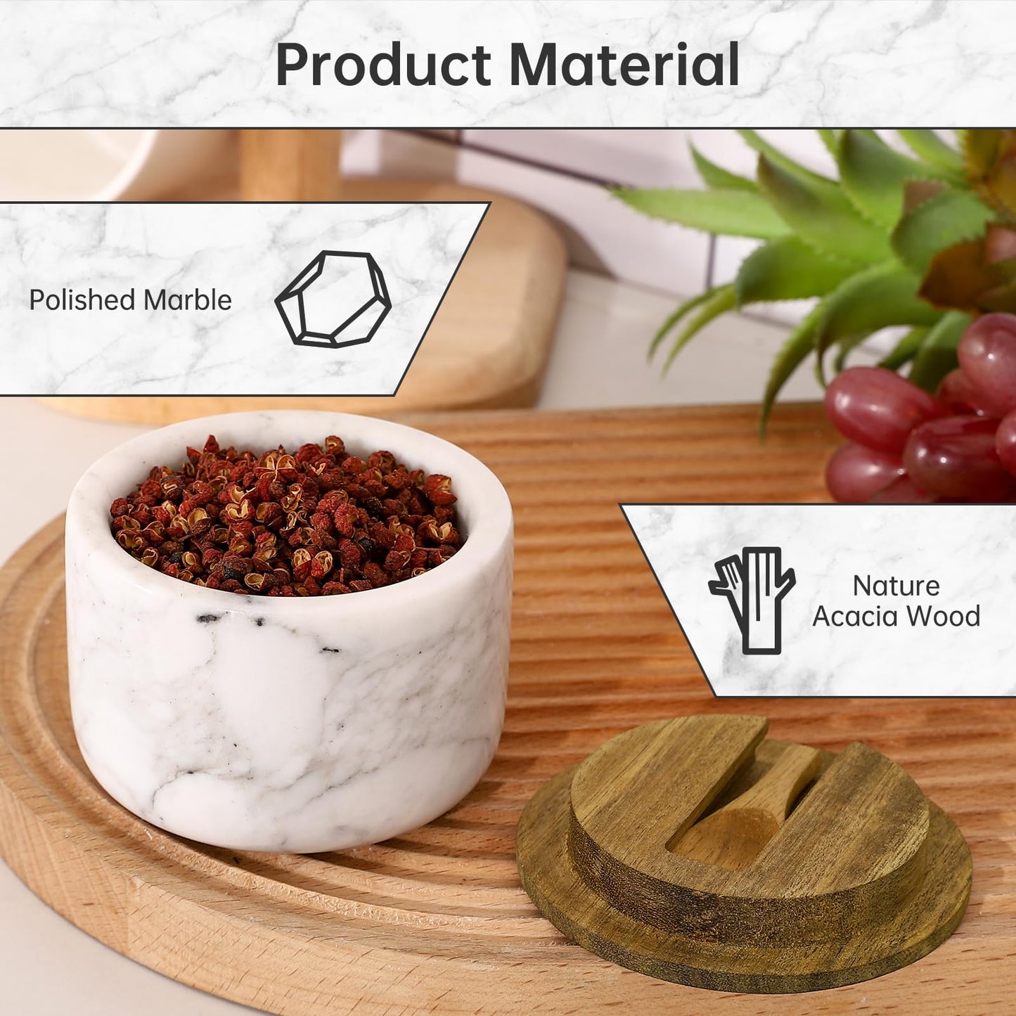 RAETTER.LY Salt and Pepper Bowl, Marble Salt Cellar and Spices Storage Container With Built-in Spoon and Acacia Wood Lid - 6.5oz Capacity (White)