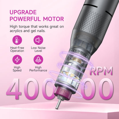 Electric Nail Drill Professional, Portable Nail File for Acrylic Gel Nails, Cordless Rechargeable Ultra Power Nail Drill Kit 40000RPM, HMC320 Salon-Grade Efile Nail Machine (Dark Grey)