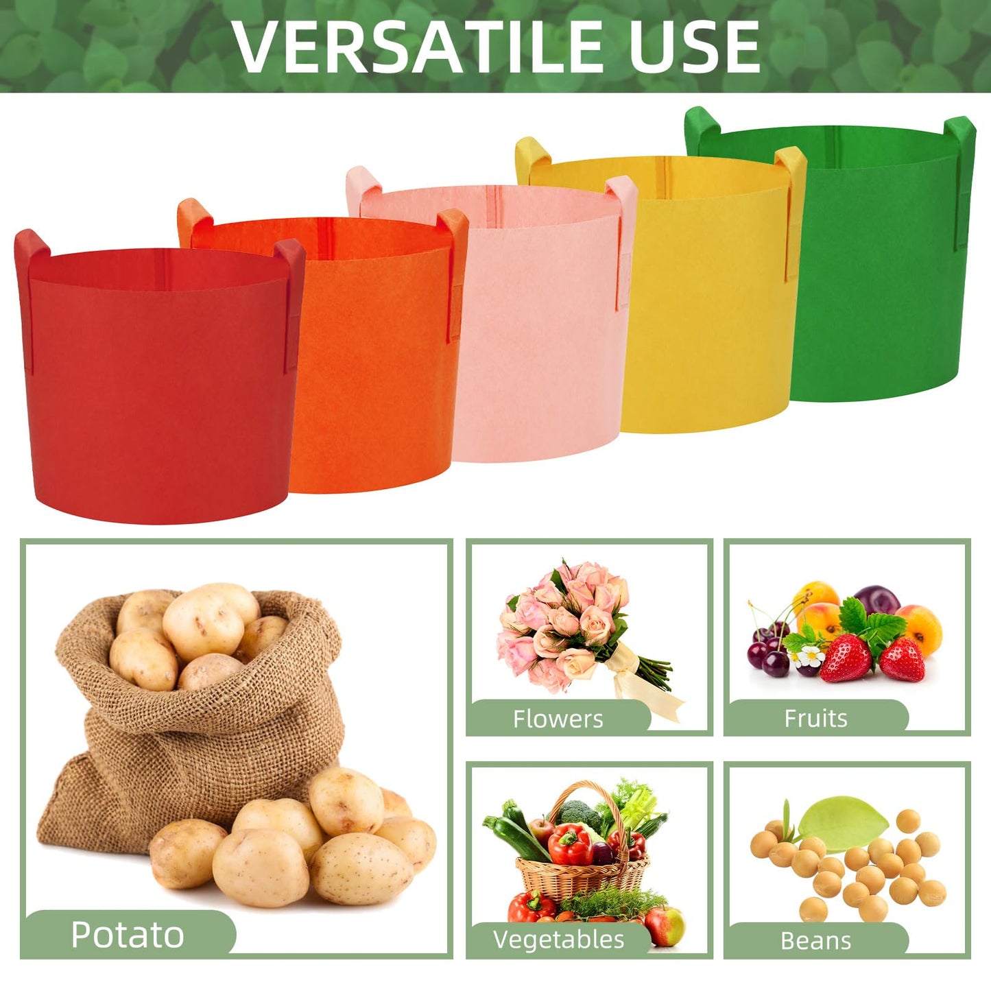 Ohiyoo 20 Pack 10 Gallon Grow Bags, Colorful Potato Plant Grow Bags with Handles, Nonwoven Fabric Garden Pots for Vegetable Fruit Flowers Herbs Tomato Potato Growing (10 Gal)