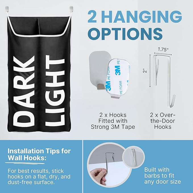 Hanging Laundry Hamper Bag XL 40x22", Space Saving over the Door Storage Bags