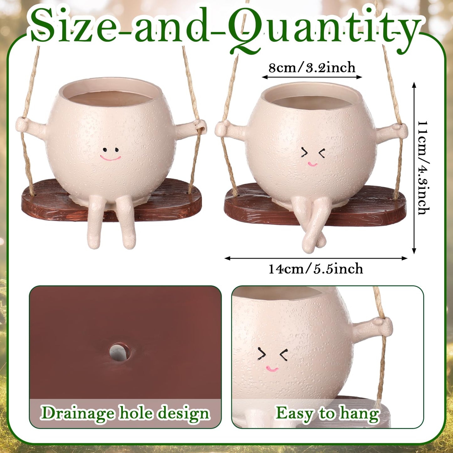 Suclain 2 Pcs Swinging Planter Pots Funny Planters Hanging Cute Planters for Women Gift Indoor Outdoor Resin Smile Faces with Drainage Holes Succulent Pot String of Pearls Plant Flower