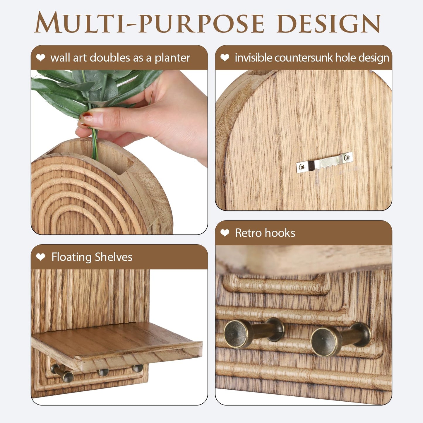 3-in-1 Wooden Wall Organizer - Planter Vase + Candle Sconces + Hooks (No Dried Flower)- Farmhouse Hanging Decor Boho Wall Art for Indoor Plants Artificial Eucalyptus for Living Room Bedroom Nature