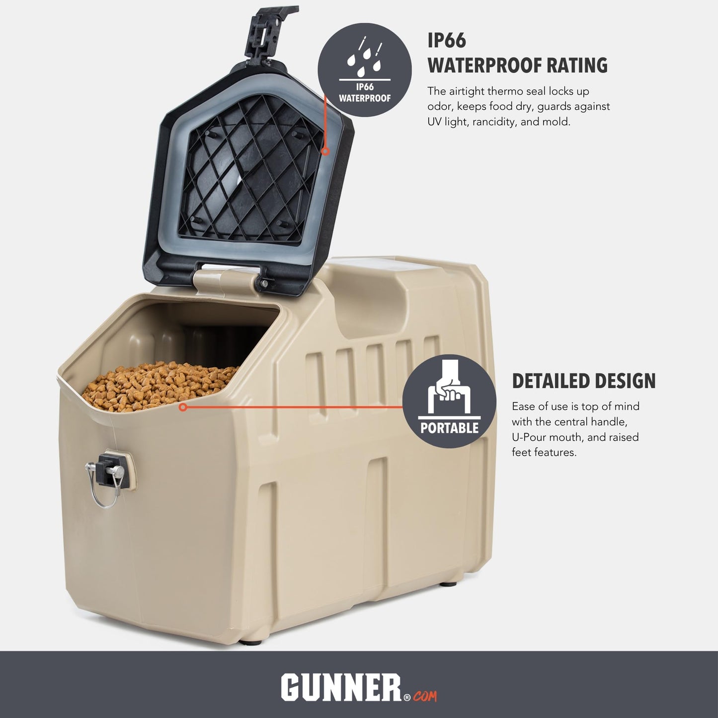 GUNNER 50 lbs Tan Dog Food Storage Container with Measuring Scoop – Waterproof & Airtight Pet Food Bin for Dry Food, Corn, Chicken Feed, Bird Seed & Treats – 3 Cup Ergonomic Scooper with Markers