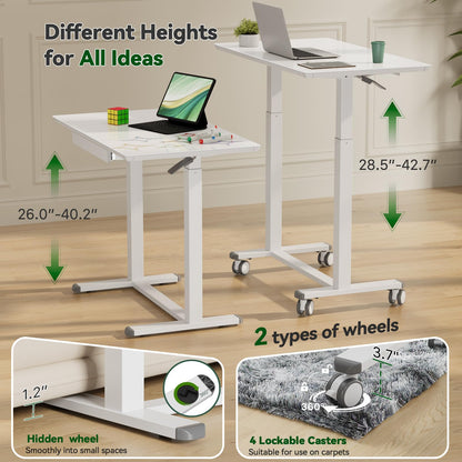 Gibbon Mounts Glass Standing Desk with Drawers, 35inch Small Mobile Laptop Desk, Height Adjustable Rolling Sit Stand Desk, White Pneumatic Portable Computer Desk with Hidden Wheels or Lockable Casters
