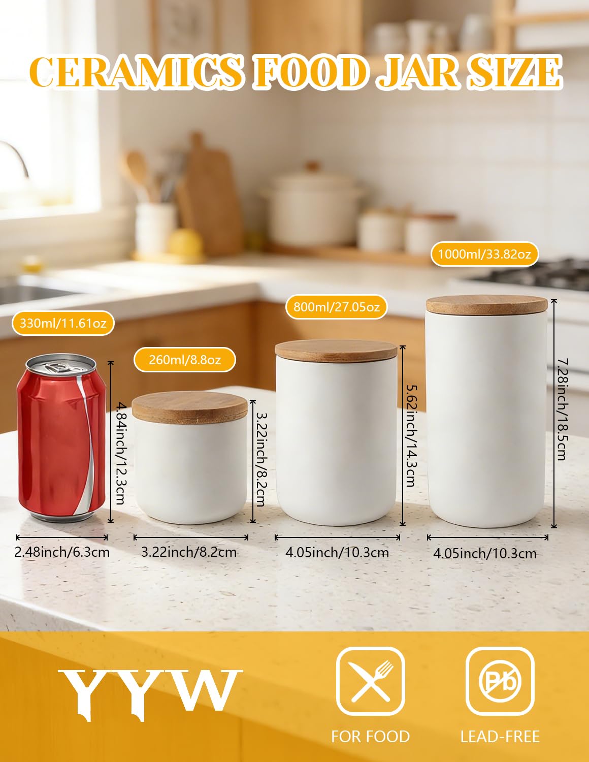 YYW Ceramics Food Storage Jar Canister with Airtight Seal Bamboo Lid, Simple Style Kitchen Canister for Food Storage, Store Coffee, Sugar, Tea, Spices and More (White (8.79oz/260ml))