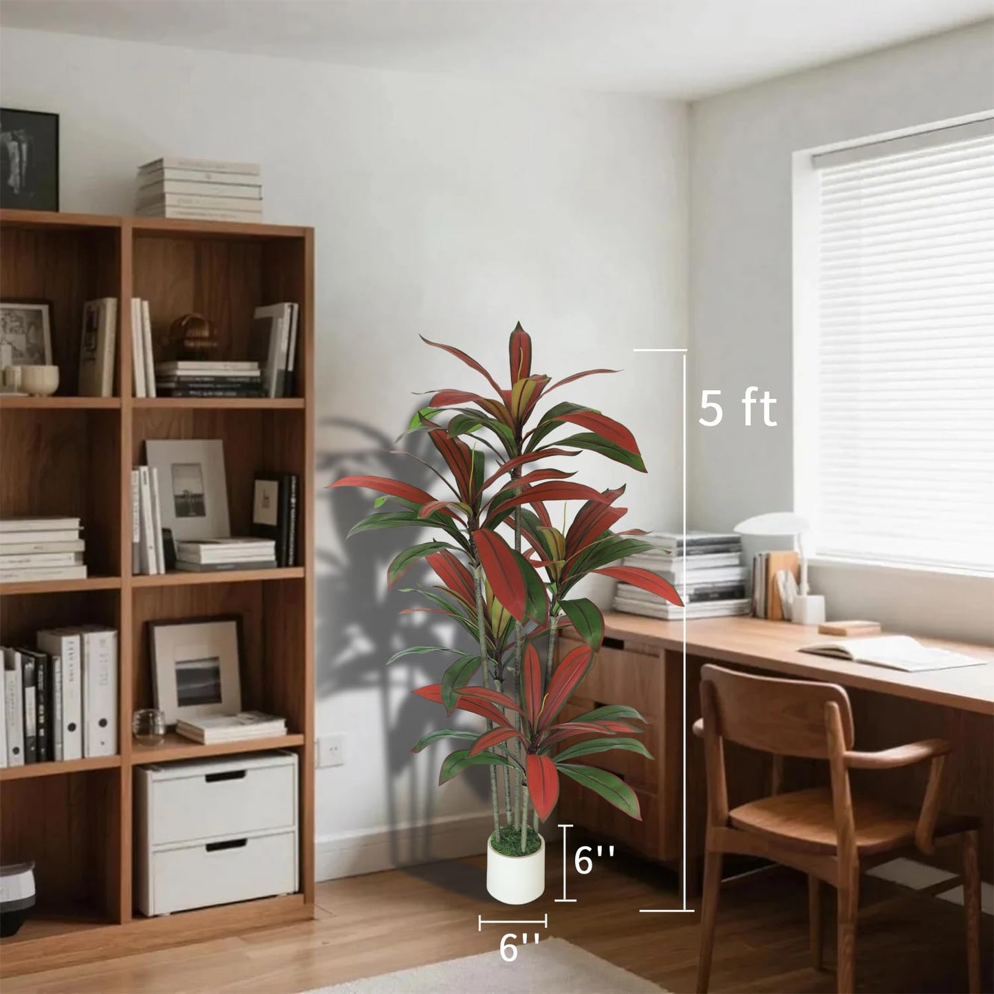 5FT Artificial Dracaena Tree Red: Compact Faux Plant for Apartments, Realistic Greenery in White Planter, Easy-Clean Silk Tree for Small Space, Balcony, Office Gaoqisi