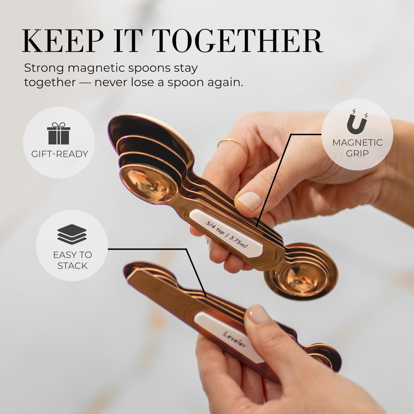 Copper Measuring Spoons Set with Leveler – 8-Piece Double-Sided Nesting Magnetic Measuring Spoons, Stackable & Spice Jar Friendly – Stylish Copper Kitchen Accessories and Decor for Baking and Cooking