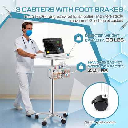 DaisyInner Adjustable Mobile Medical Cart with Wheels, Load up to 33 Lbs, Laptop Rolling Cart with Storage Basket 16.5" x 16.7" Large Tabletop Medical Trolley Workstation for Hospital, Lab Use(Frame)