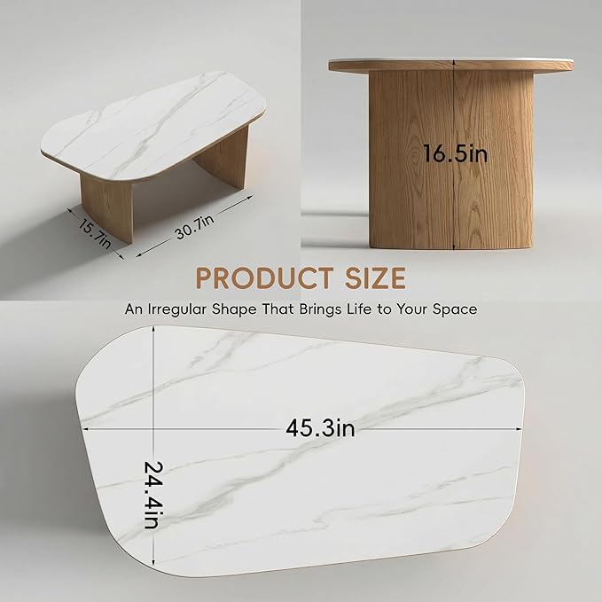Luxury Marble Coffee Table, Premium Sintered Stone Top, Natural Wood Look Base