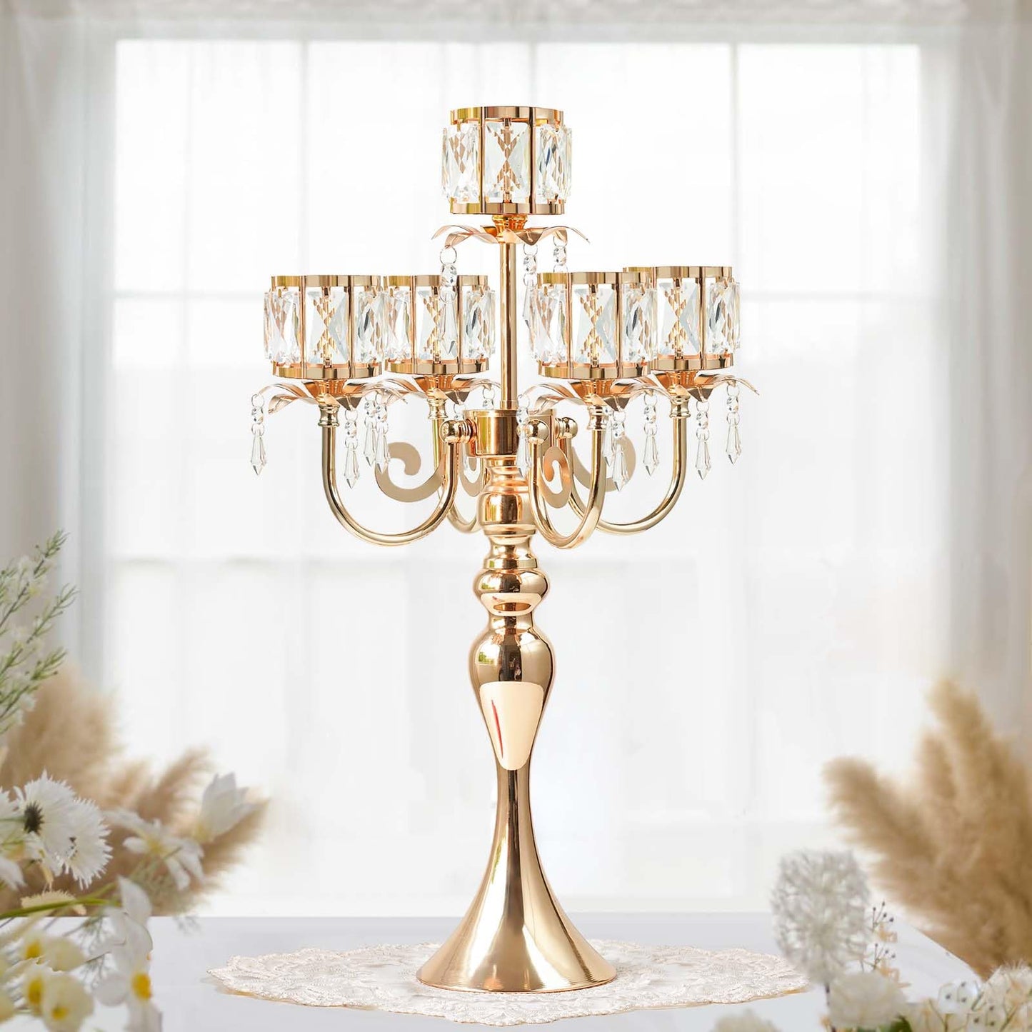 kolnlala 1PC Gold 5-Arm Crystal Pendant Metal Candle Holder with Square Crystal Bowl, 22-Inch Tall Wedding Table Centerpiece for Holiday Party Events, Christmas, Birthday Decorations