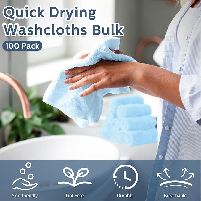 Newwiee 100 Count Washcloths Quick Drying Bathroom Wash Clothes 12 x 12 Inch