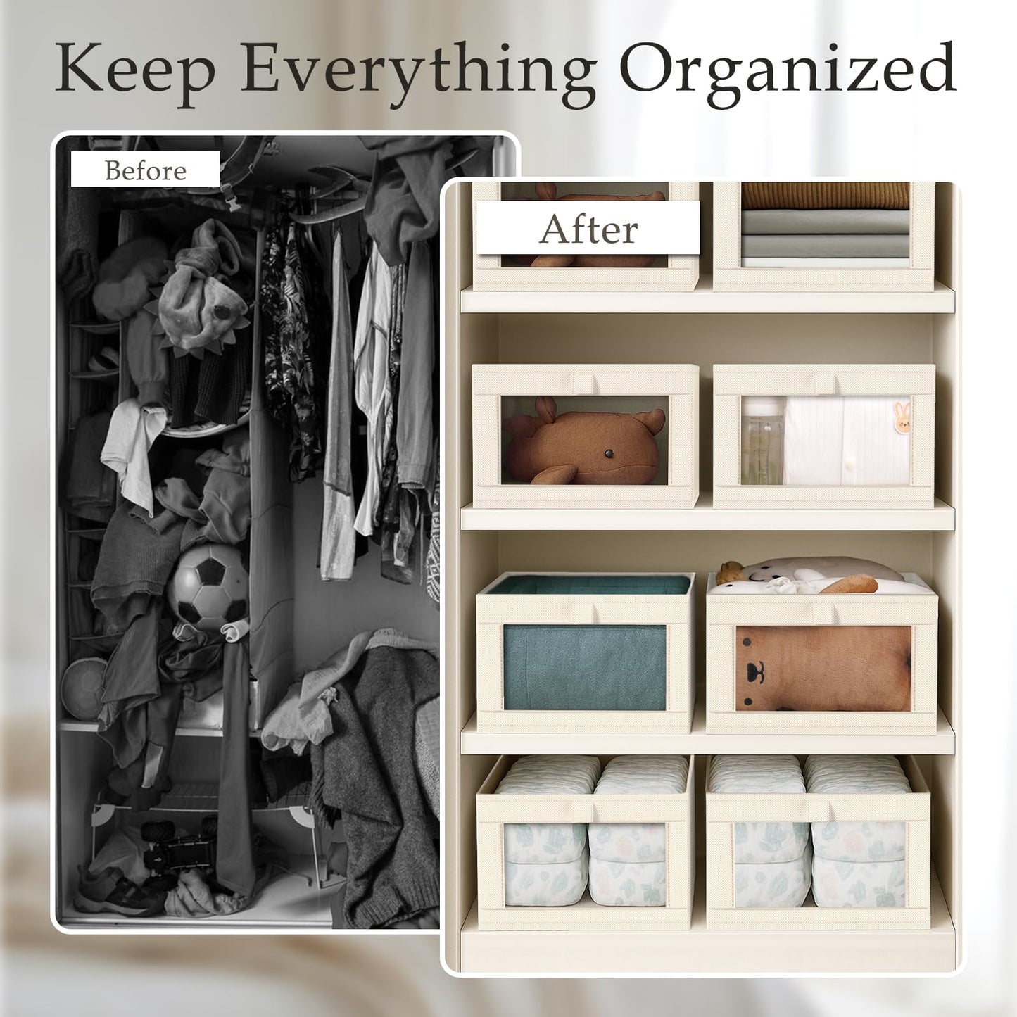 Criusia 6 Pack Linen Closet Organizers and Storage, Large Linen Closet Baskets for Organization, Foldable Storage Containers for Clothing, Towels, Toys, Jeans, Books, Shelves, Beige