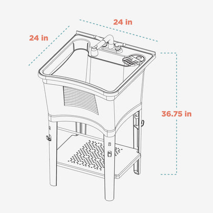 Zenna Home Utility Sink Laundry Tub with Pull-Out Faucet, All-in-One Freestanding Utility Tub for Laundry Room, Basement, Garage, Outdoor Kitchen, 24" L x 24" W x 36.75" H, White