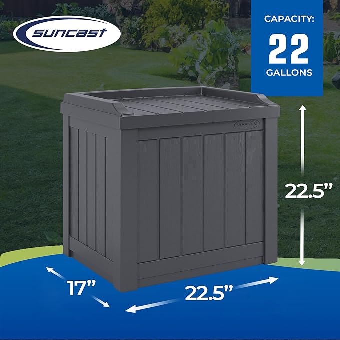 Suncast Small Deck Box Storage w/ Bench Seat for Indoor & Outdoor Use, 22 Gal., Cyberspace