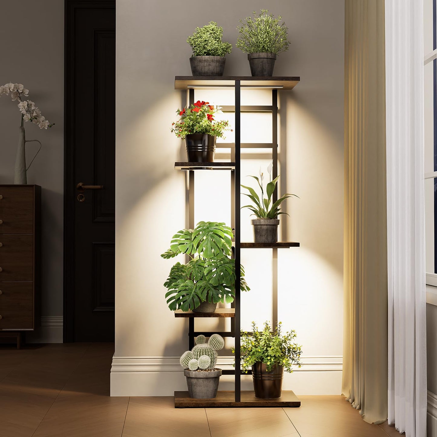 Forotone Plant Stand Indoor with Grow Lights, 5-Tiered Tall Plant Shelf Indoor Corner Plant Shelves Plant Rack Display Flower Holder for Living Room, Patio, Balcony