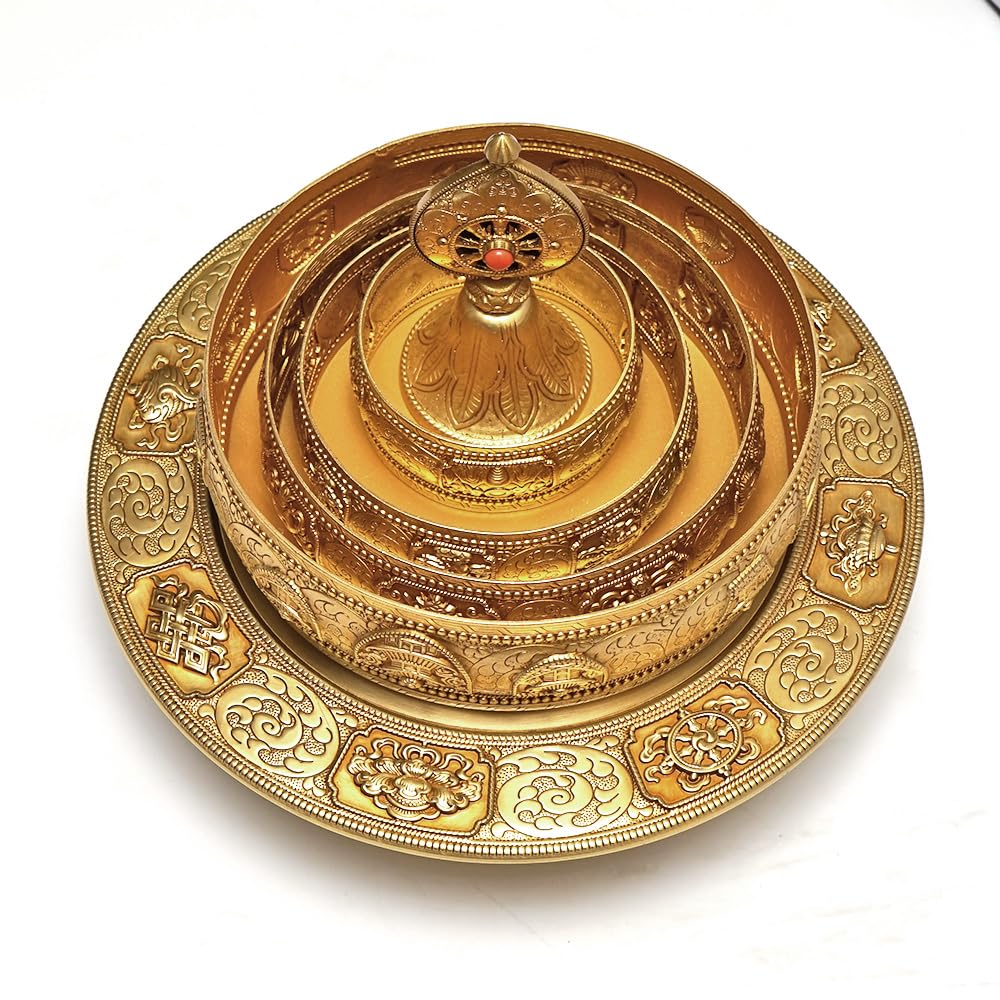 zenmood Tibetan Buddhist Mandala Offering Set, Brass Ceremonial Tower, 10.4 inch Height, Gold