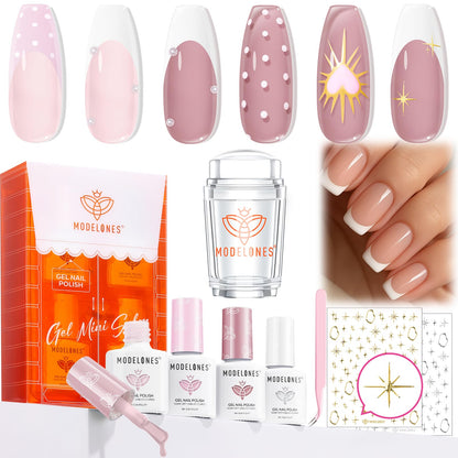 Modelones Gel Nail Polish Kit with UV Light, Milky White Nude Glitter Pink Red Gold Fall Metallic Manicure Set with Base Top Coat Star Stickers 4 Colors Gel Mini Salon Nail Art Gift for Women Girl