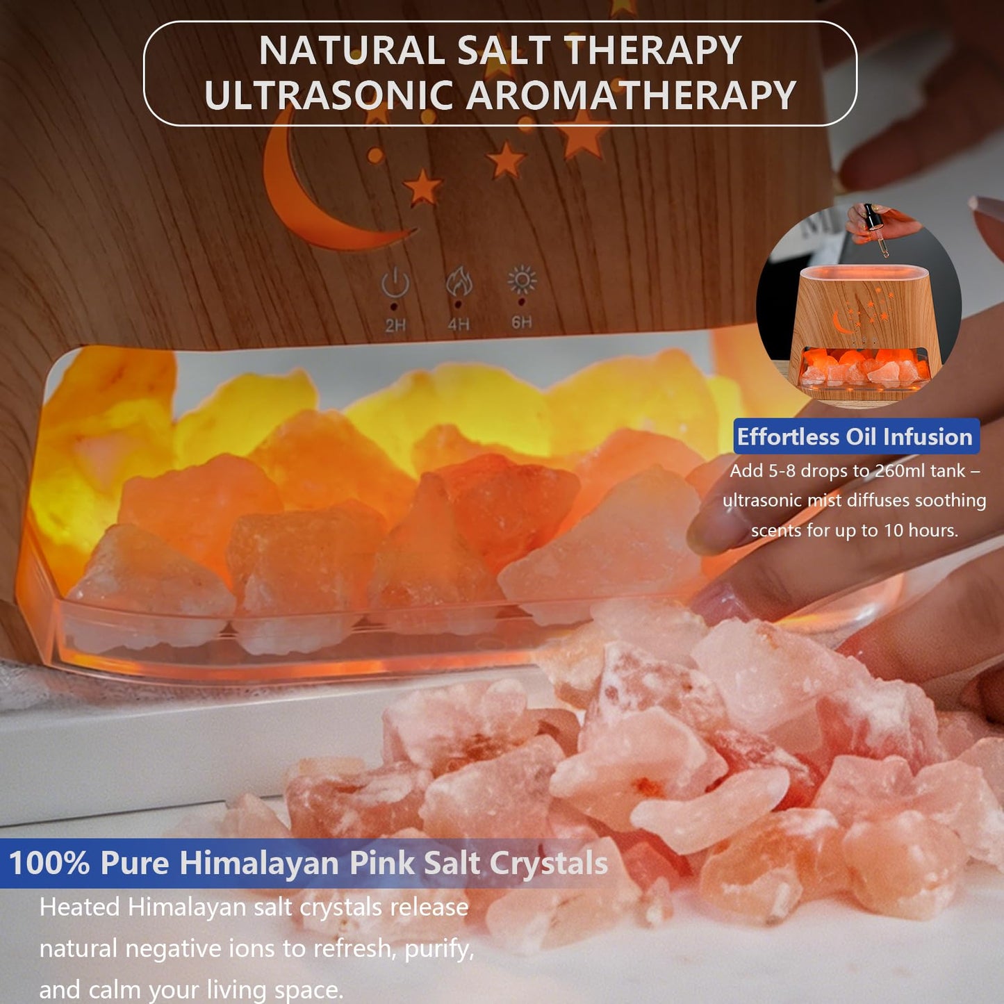 Flame Essential Oil Diffuser & Himalayan Salt Lamp: 260ml Aromatherapy Diffuser & Ultrasonic Cool Mist Humidifier with Himalayan Pink Salt Rock, Remote, 7-Color LED, 3 Timer (Moon Star + Wood Grain)