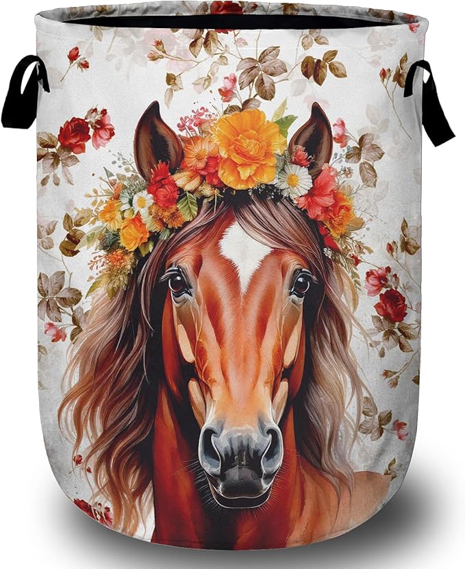Watercolor Horse Laundry Basket, Foldable Waterproof Animals Floral Laundry