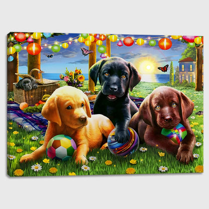 alottagifts Puppies Dog Play TIme Lighted Canvas Wall Art Print 16" x 12" With Timer | LED Canvas Wall Art Print Design | Modern Artwork for Living Room (Puppies Play TIme, 16" x 12")