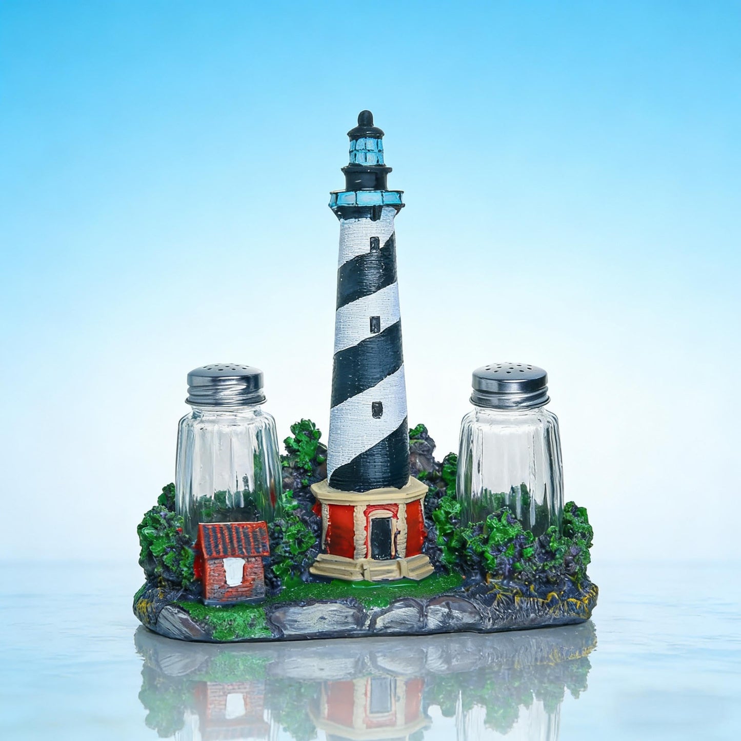 Coastal Lighthouse Salt and Pepper Shaker Set - Bodie Island Lighthouse Decor with Glass Seasoning Bottles, Nautical Kitchen Decor for Beach House, Coastal Themed Accessories and Table Centerpiece