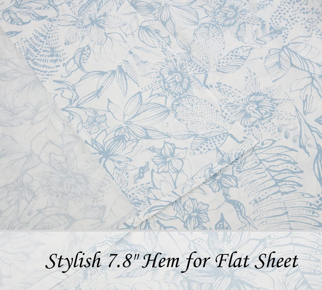 DAUAOTO Cotton Sheets Set Queen Size 4 Pieces Flower Bedding Sets, Aqua Blue Floral Pattern, Up to 14" Deep