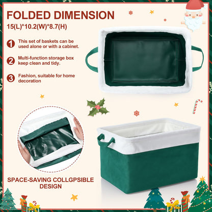 Bokon 3 Pcs Christmas Storage Basket Large Velvet Foldable Storage Bin with Handles Flannel Waterproof Closet Organizer Christmas Gift Basket for Office Home Bedroom Clothes(Green)