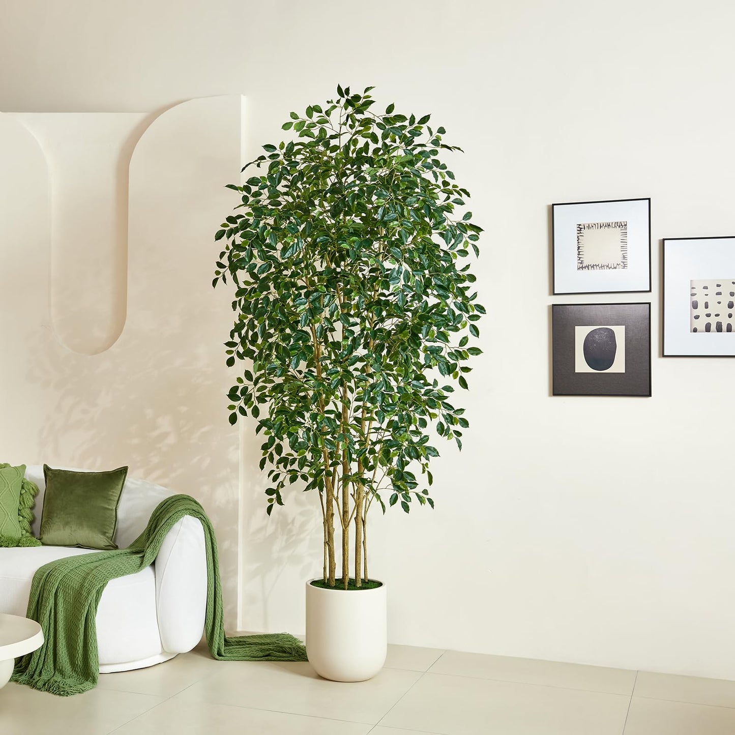 VeriNatural 8FT Artificial Ficus Tree, Faux Plants Indoor Fake Trees Artificial - Potted Fake Ficus Tree with Realistic Leaves and White Planter,Floor Plant for Home Decor, Office Entryway