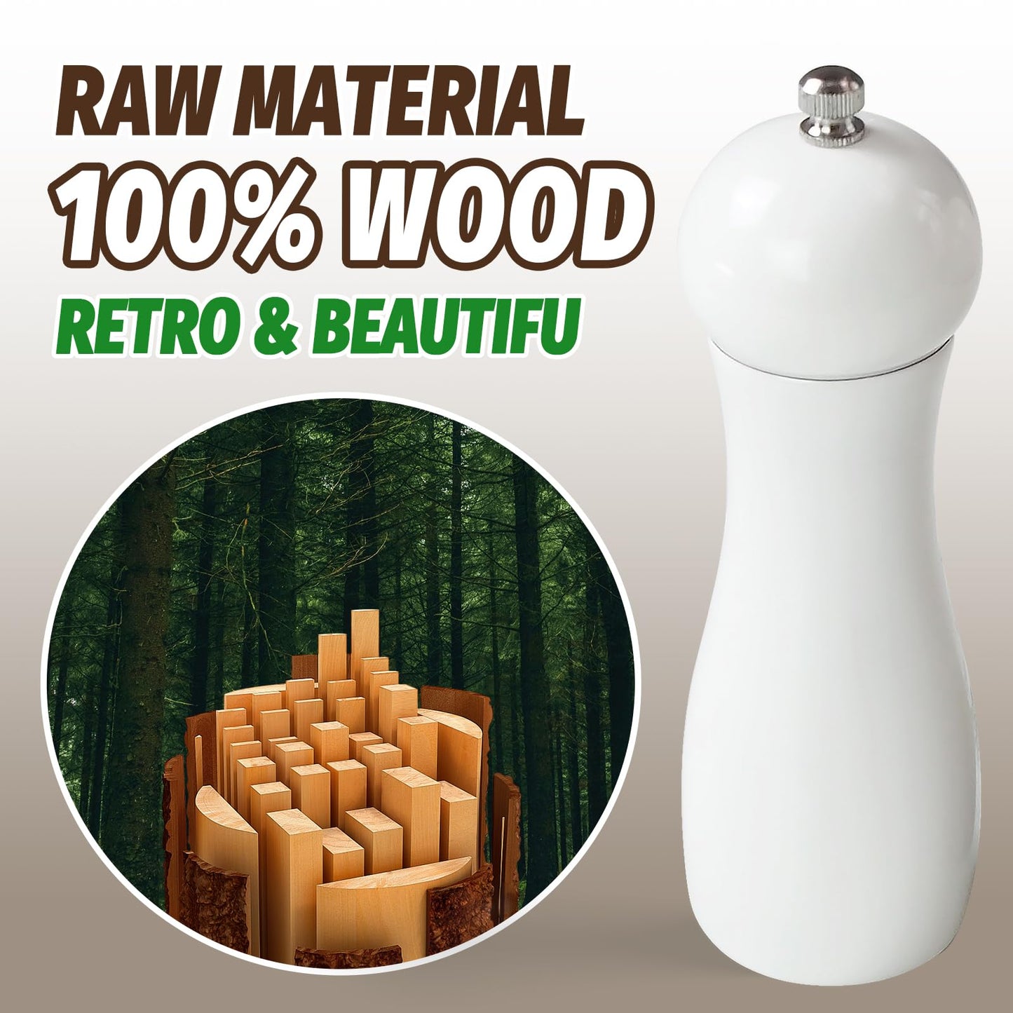 SHIKORI Manual Wooden Salt and Pepper Mills Shakers, 6.5 inch Salt and Pepper Grinders Set,Ceramic Rotor with Strong Adjustable Coarseness-White-2Pcs