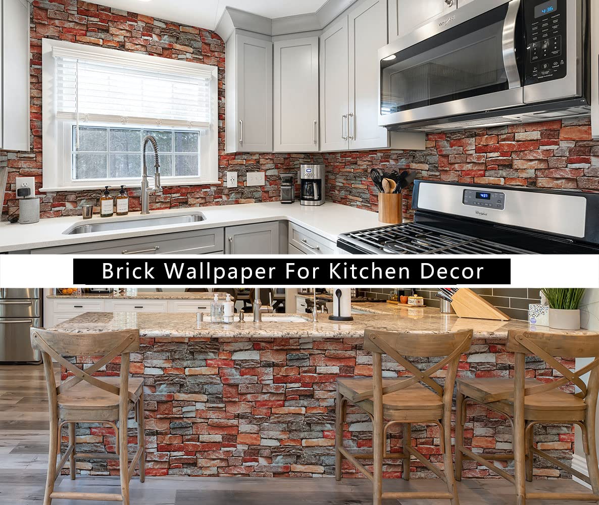 Faux Brick Textured Contact Paper, 17.7" x 394" Christmas Fireplace Stone Accent Wall Stick on Wallpaper Self Adhesive for Halloween Interior Walls Decor Bedroom Kitchen Cabinets Red Grey