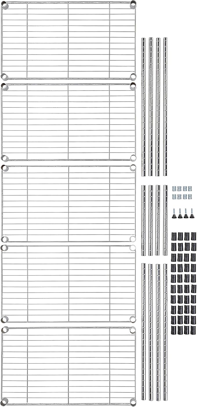 Amazon Basics 5-Shelf Adjustable Storage Shelving Unit for Garage, Steel Wire Rack, 200 Pound Loading Capacity per Shelf, 23.2" x 13.4" x 60", Chrome Finish