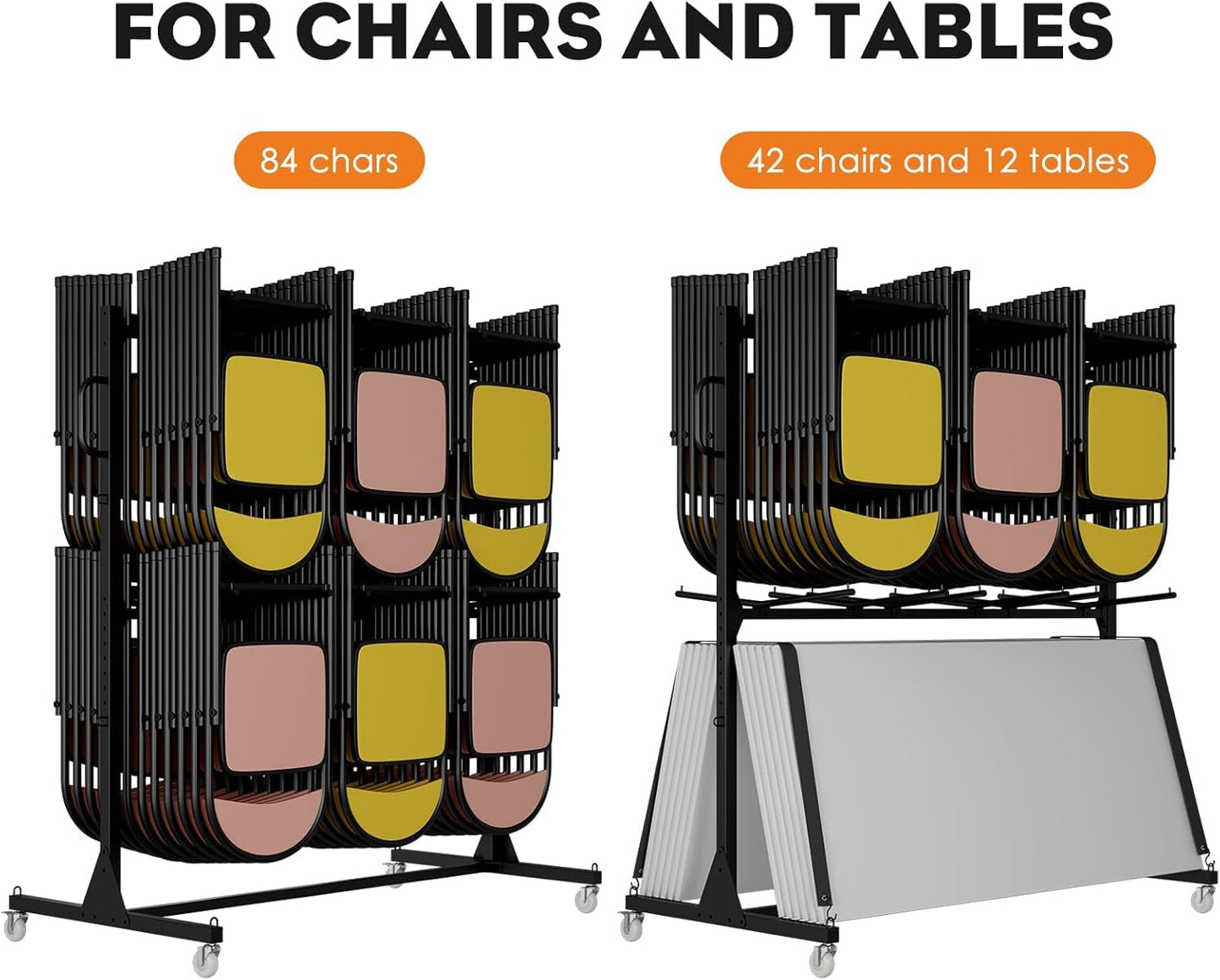 Folding Chair Rack; Folding Chair Cart with Locking Wheels for 84 Chairs or 12 Tables + 42 Chairs; Heavy - Duty Large Chair Holder Includes Weatherproof Cover