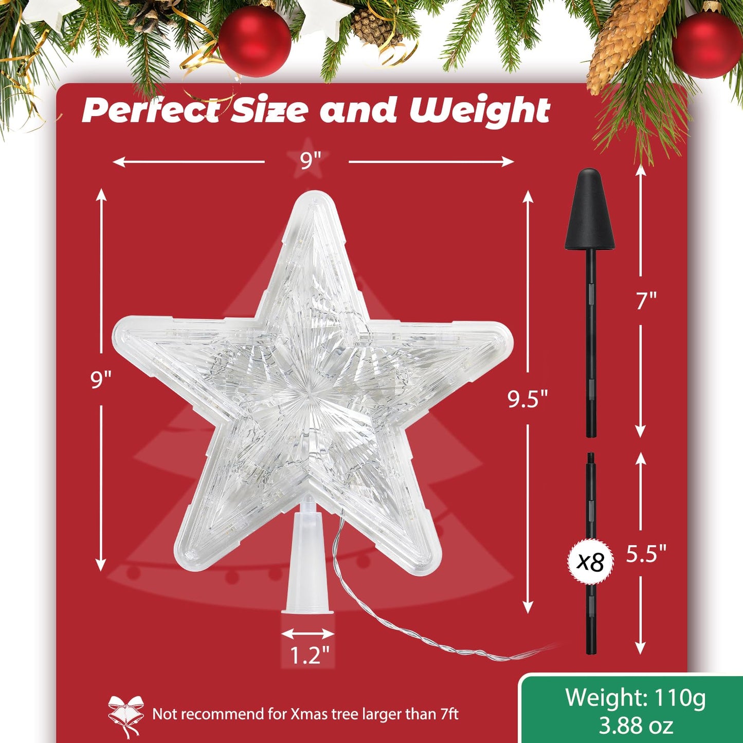 Christmas Tree Topper, Battery Powered Light up 9 Inch Star Tree Topper with Topper Stabilizer Supporter, White Xmas Star Treetop Toppers Christmas Tree Decorations Ornaments for Holiday Home Decor