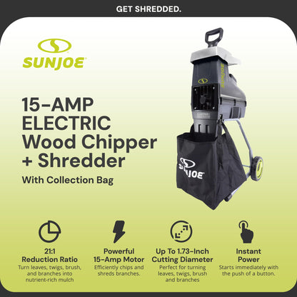 Sun Joe Wood Chipper Shredder and Waste Shredding Machine w/Collection Bag, 1.7-Inch Cutting Diameter, 15-Amp Motor - Portable Electric Equipment, Lawn Care CJ603E