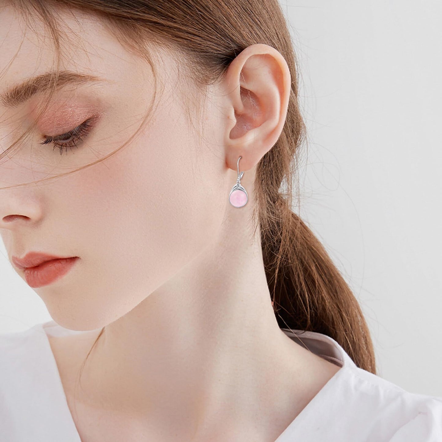 POPLYKE Rose Quartz Earrings for Women Sterling Silver Round Rose Quartz Leverback Earrings Dangle Earrings Jewelry Christmas Birthday
