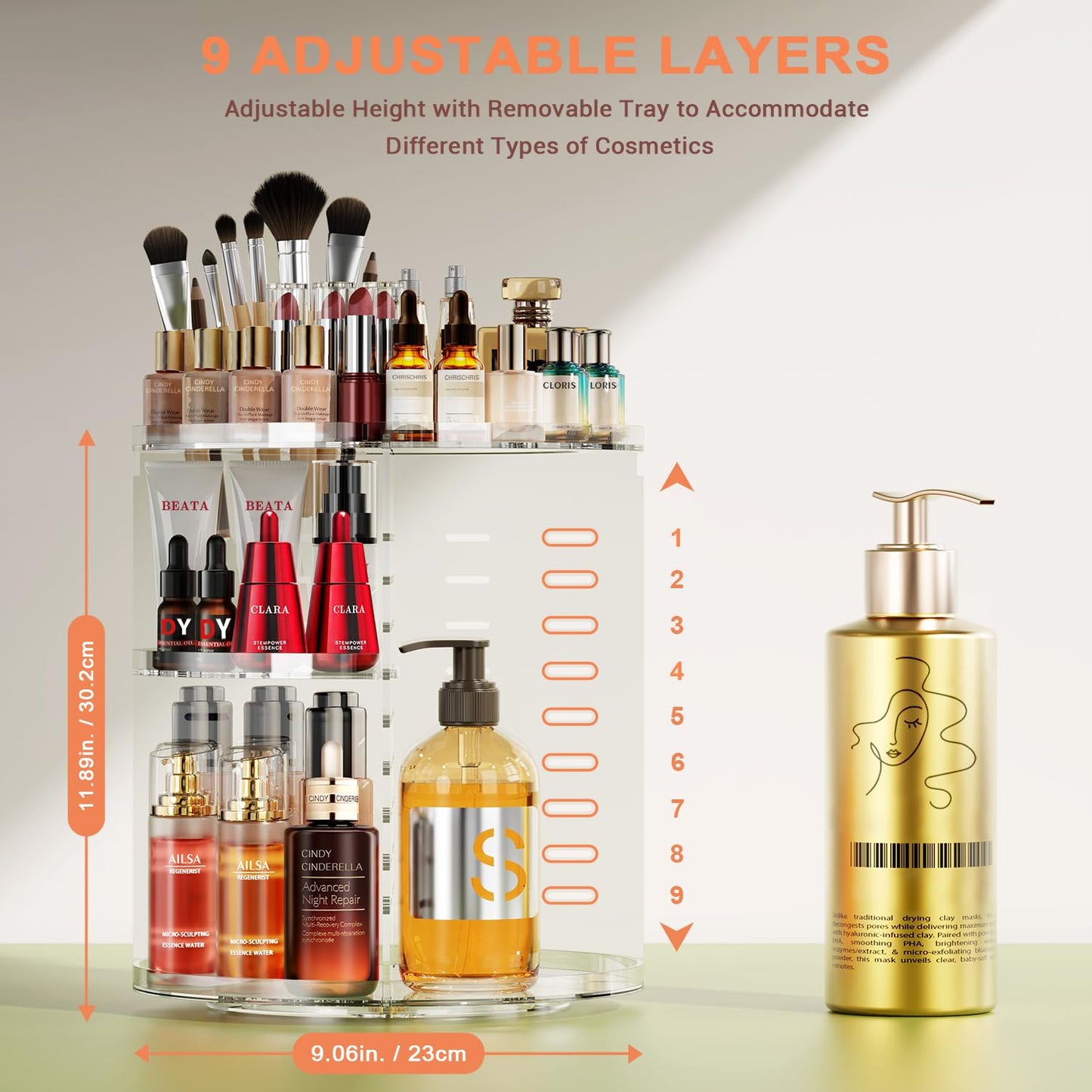 Auxmir Rotating Makeup Organiser, 9-Tier Adjustable Makeup Organiser with 360 Degree Rotation, Large Capacity Spinning Makeup Storage on Stand Revolving for Vanity Table, Bedroom, Bathroom