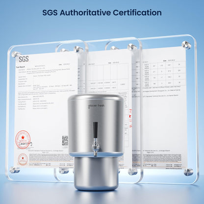 GLACIER FRESH 2.25G Stainless Steel Countertop Water Filtration System, Gravity-Fed with Elarisey™ Filtration Technology, Reduces Heavy Metals, PFOA & PFOS, and Meets SGS Standards