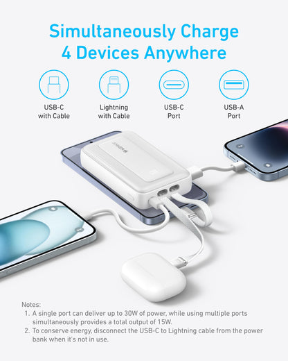 Anker Zolo Power Bank, 10,000mAh 30W Max Fast Portable Charger with Built-in USB-C and MFi Certified Lightning Cables, USB-C&A, Battery Pack for iPhone 16/15 Series, MacBook, Galaxy